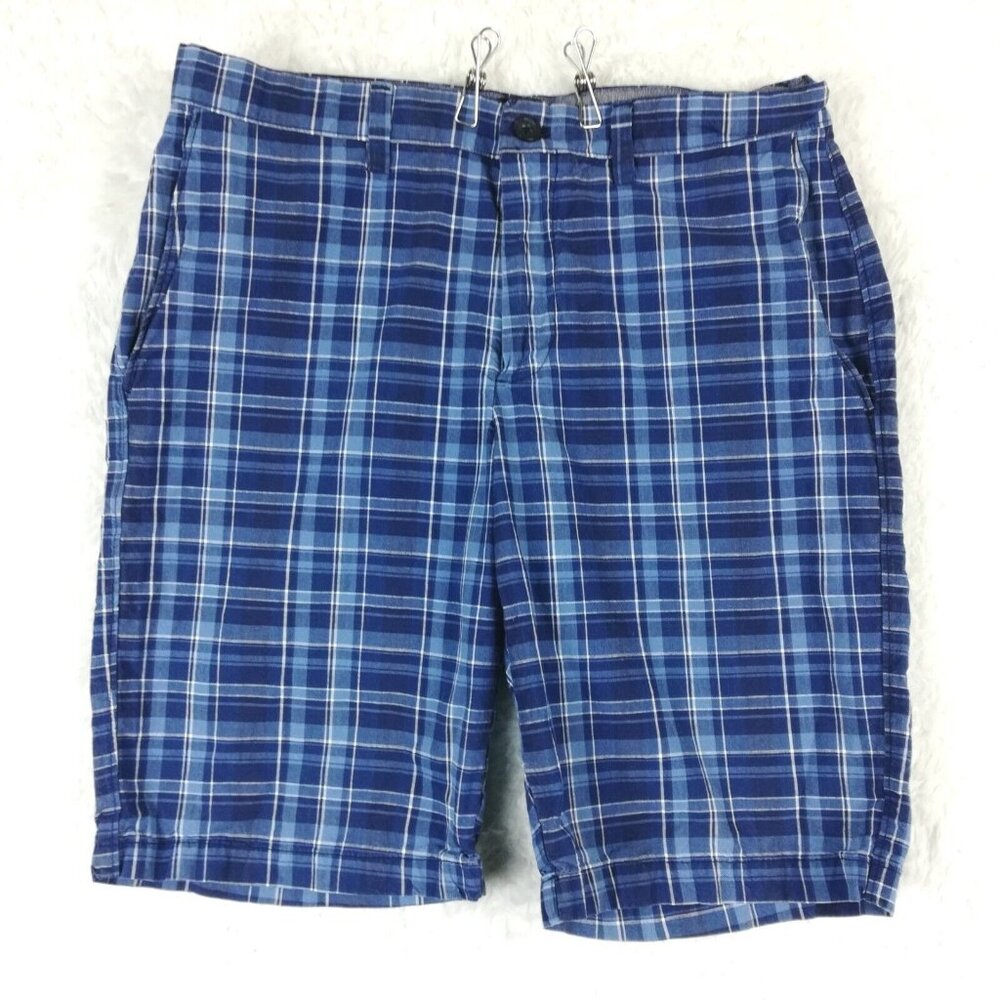 Banana Republic Mens Shorts Emerson Blue Plaid Bermuda 10" Inseam 32